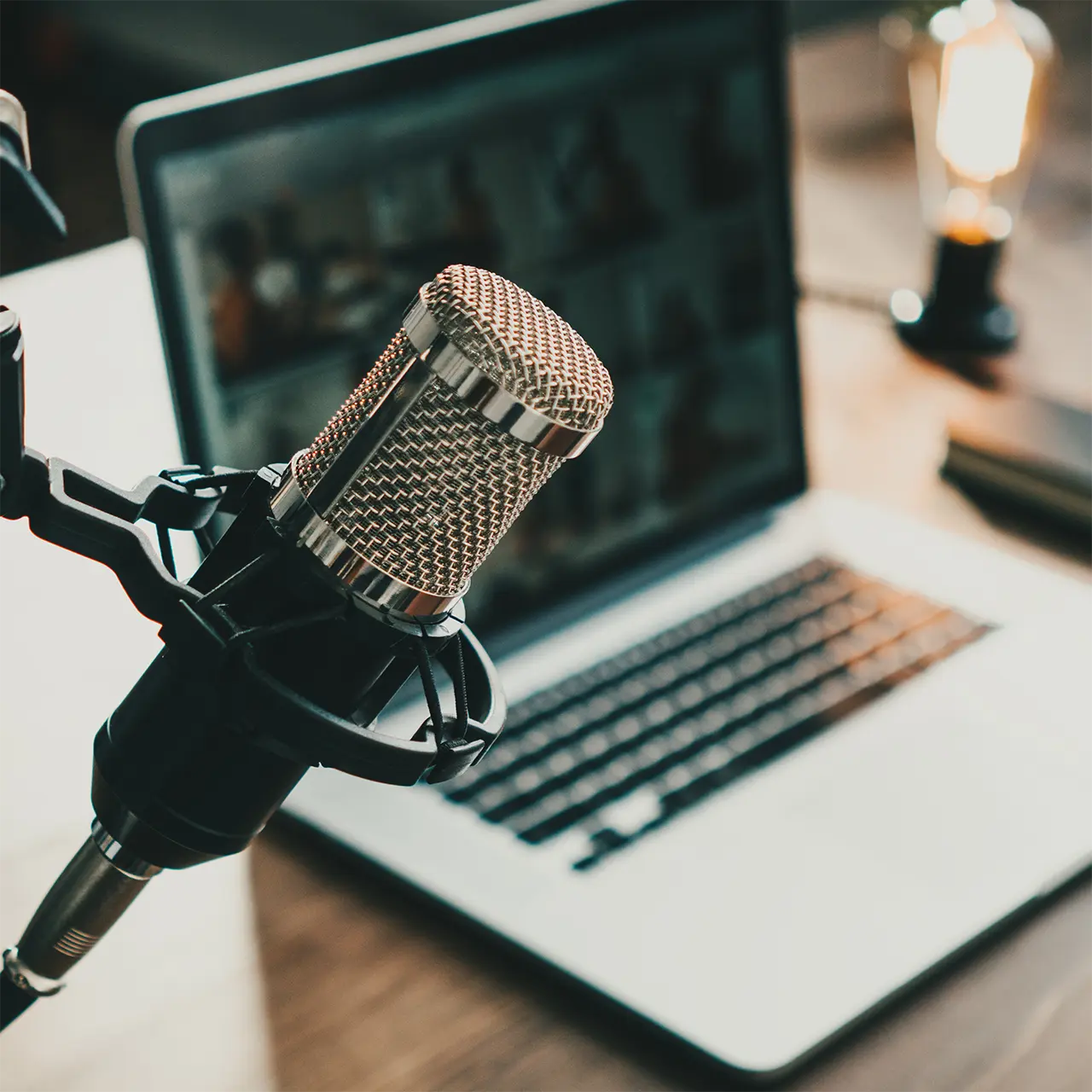 home office podcast setup with boom microphone